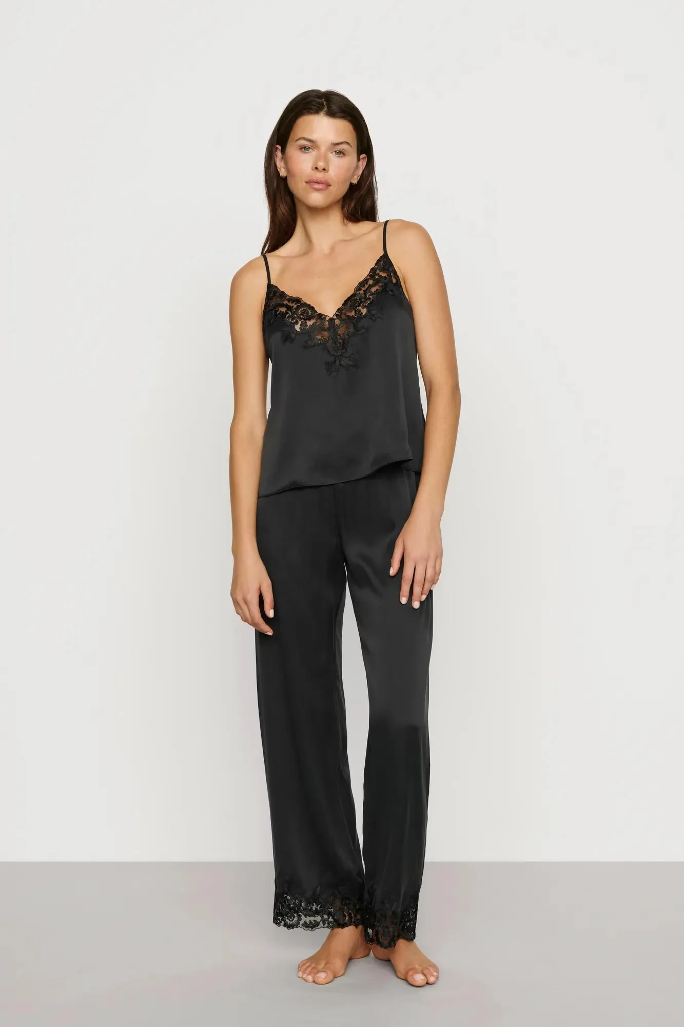 Washable Silk with Lace Embroidery Cami & Pant PJ Set