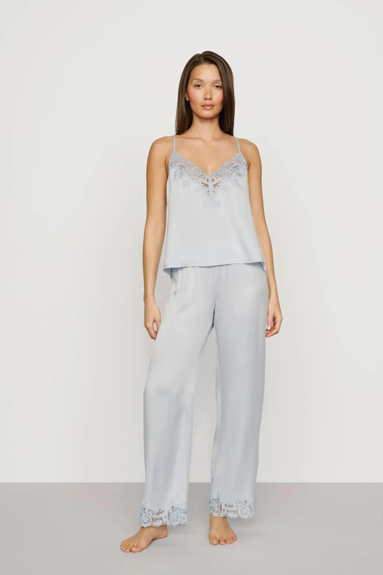 Washable Silk with Lace Embroidery Cami & Pant PJ Set