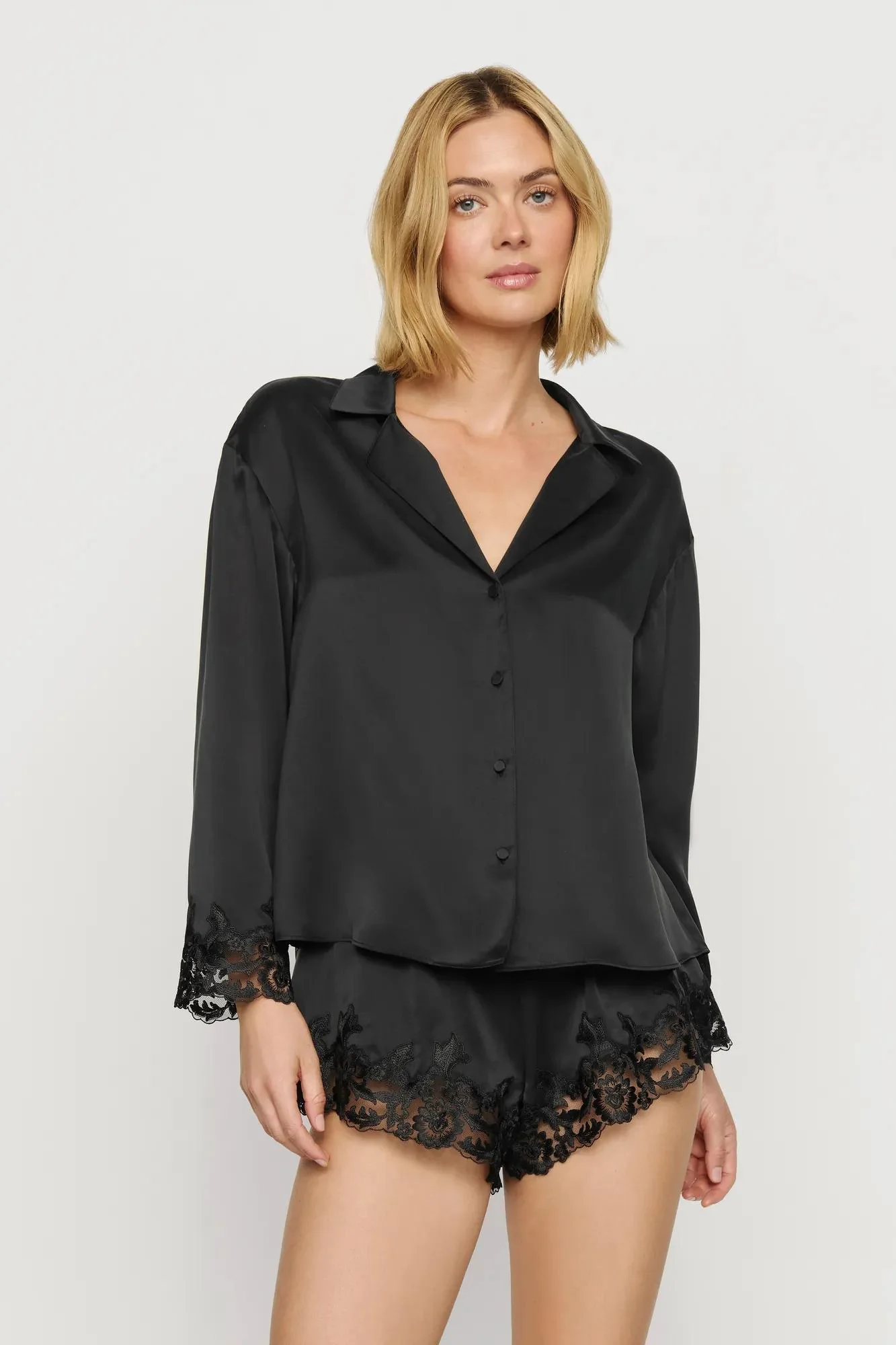 Washable Silk with Lace Embroidery Long Sleeve Top & Short PJ Set
