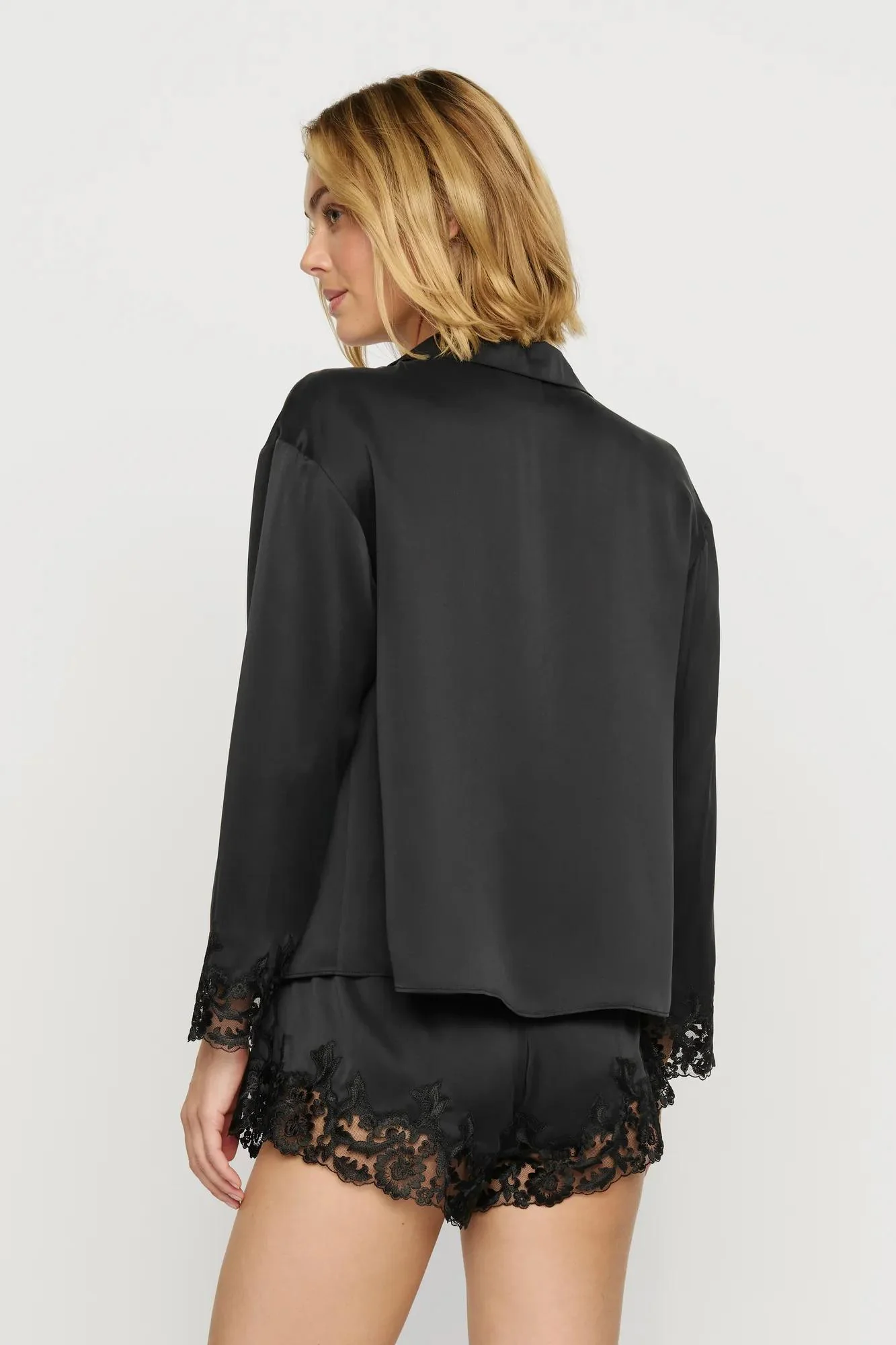 Washable Silk with Lace Embroidery Long Sleeve Top & Short PJ Set - Image 4