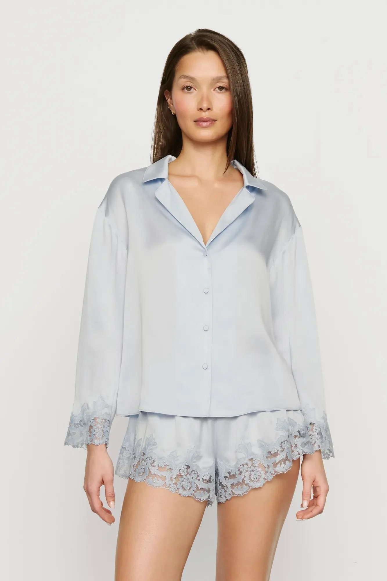 Washable Silk with Lace Embroidery Long Sleeve Top & Short PJ Set